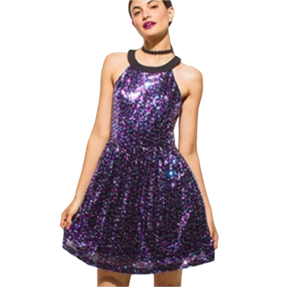 2FOR$30 - NWT Sassy Purple Sequined Cocktail Halter Bouffant Mini Dress, M